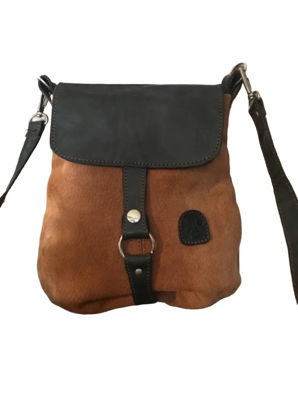 EL CEIBO HANDCRAFTED TAN SUEDE AND BLACK LEATHER CROSSBODY MESSENGER BAG